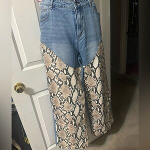 Fashion Nova Blue Denim Wide-Leg Jeans with Snake-Print Panels